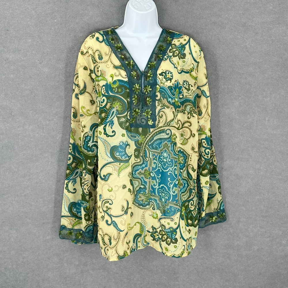 White Stag XL (16/18) Paisley Print Beaded Semi Sheer Teal Bay Boho Tunic Top